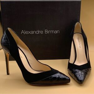 Alexandre Birman Black Leather & Suede Snakeskin Pointed Toe Pumps 37/US 7